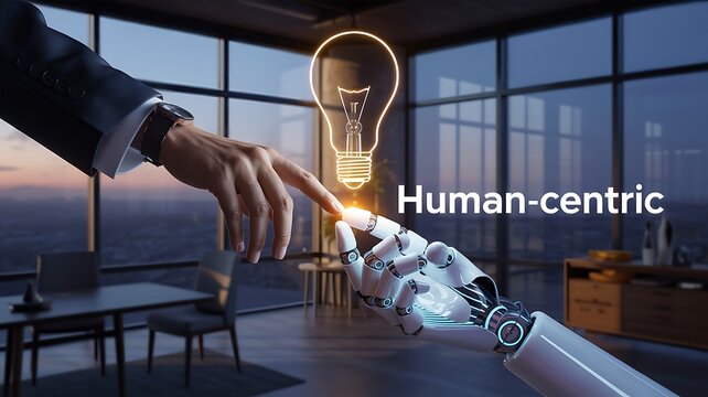 A conceptual image depicting the transfer of an idea represented by a glowing lightbulb from a person to a robotic hand