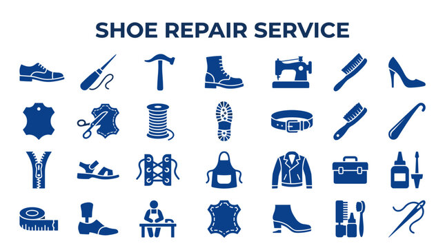 Shoe Repair Service Icons and Symbols representing cobbler craft tools and shoe care professions for professional footwear maintenance and restoration services