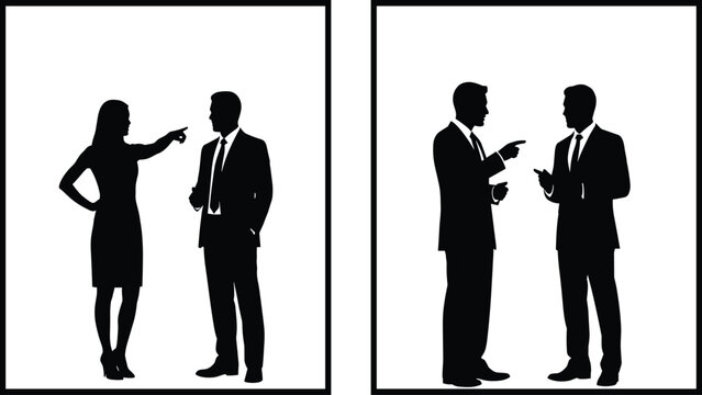Business, people, silhouettes, corporate, professional, meeting, pointing, communication, standing, group, set, team, interaction, collaboration, partnership, leadership, management, success, career, 
