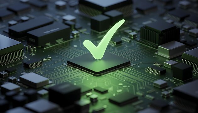A glowing green checkmark symbol is prominently displayed over a complex circuit board background signifying success or validation