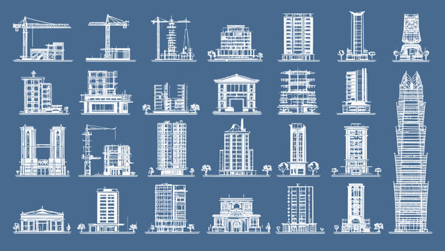 Buildings collection presents a detailed set of architectural blueprints featuring various skyscrapers, residential towers, and construction sites on a solid blue background.