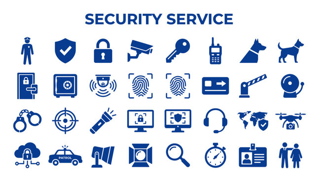 Collection of security service icons representing protection safety and surveillance technology for a comprehensive security concept