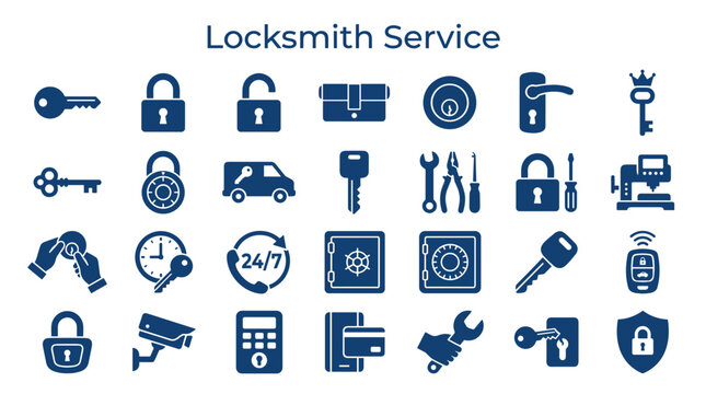 Locksmith service concept with various icons representing security keys locks and car remotes on a blue background