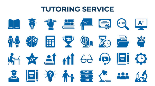 Education and learning concept with diverse icons representing academic subjects, student support, and skill development for tutoring services and online courses