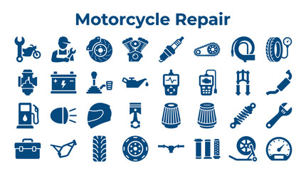 Motorcycle Repair and Maintenance Service Icons with Tools and Parts for Automotive Mechanics and Biker Lifestyle Concepts © Iconique Studio