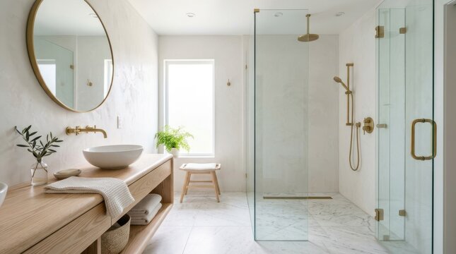 Modern bathroom with natural wood vanity, brass fixtures, and glass shower enclosure