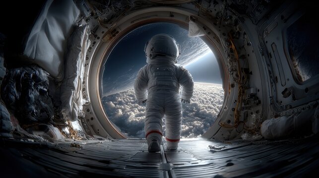 Space universe exploration, fantasy. A vivid, highresolution digital artwork depicts an astronaut in outer space. The astronaut, wearing a white spacesuit with red stripes.