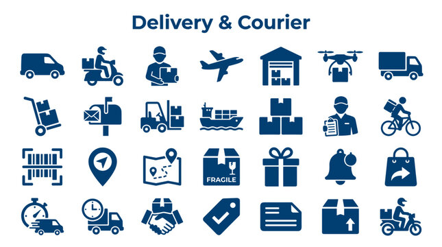 Delivery and Courier Services Icons Set Flat Design Logistic Transportation Shipping Package Tracking and Delivery Symbols Collection