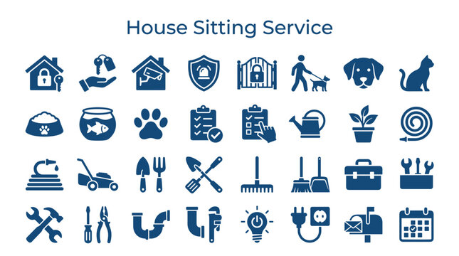 House Sitting Service Icons Representing Home Care Pet Care Garden Maintenance and Home Repairs