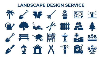 Collection of landscape design service icons and symbols for gardening and outdoor maintenance planning © Iconique Studio