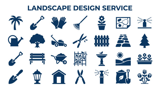 Collection of landscape design service icons and symbols for gardening and outdoor maintenance planning
