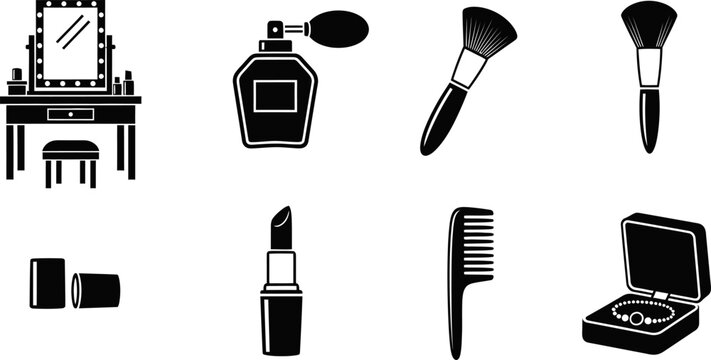 Beauty vanity table and makeup accessories set with cosmetic icons in silhouette style eps.