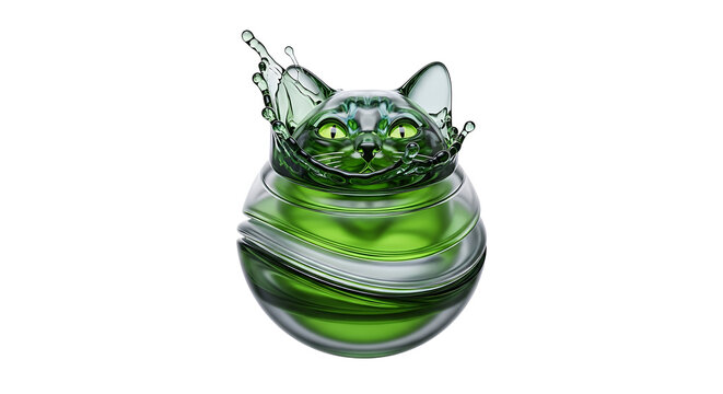 whimsical green cat head splash sculpture, abstract liquid form with metallic silver accents, playful and surreal art piece