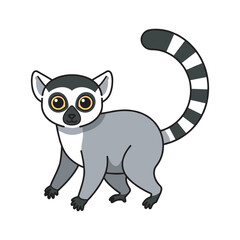 Cute ring-tailed lemur cartoon illustration in flat vector style with large eyes and striped tail, isolated on a clean background for wildlife and children’s designs © Anlust
