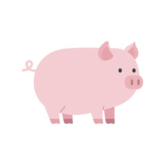 Fototapeta premium Cute pink pig cartoon illustration in flat minimalist vector style featuring a rounded body and curly tail, isolated on a clean background for farm and children’s designs