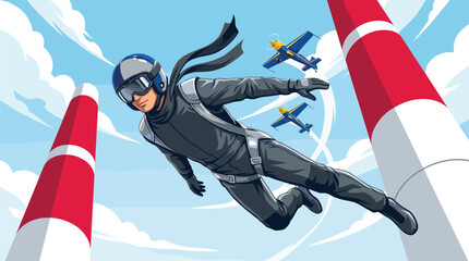 Wingsuit flying illustration with skydiver performing aerial stunt near pylons and aircraft in extreme sport and adventure aviation scene design © Joy