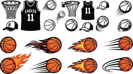 Basketball elements collection with jerseys hoops balls and motion effects dynamic sports icons set for game design and branding © Joy