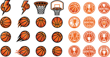 Basketball icons set featuring balls hoops trophies and dynamic motion elements in modern flat vector design for sports branding © Joy