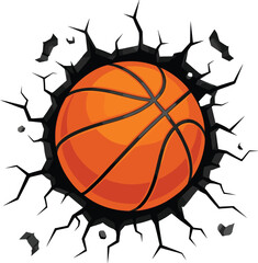 Basketball breaking through cracked wall with powerful impact effect dynamic sports concept illustration isolated on white background © Joy