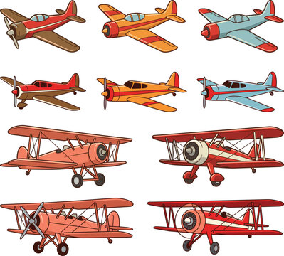 Vintage airplane illustration set with retro propeller aircraft, classic aviation designs and old biplane models for transport and history design projects