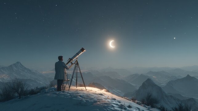 Space universe exploration, fantasy, mysterious. A vivid portrayal of a serene night sky. A solitary figure, dressed in a long coat, stands atop a snowcovered mountain peak.