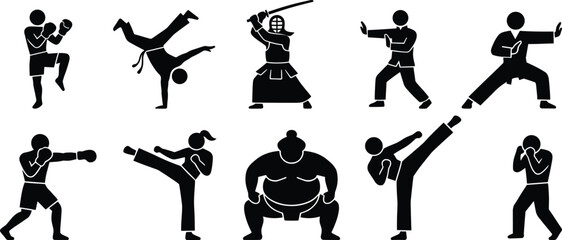 Martial arts silhouette set featuring karate boxing judo sumo and kendo fighters dynamic combat poses for sports training design © Joy