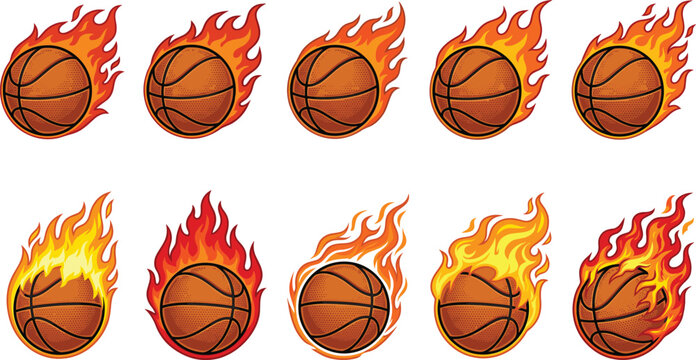 Flaming basketball icons set with fire effects dynamic motion energy sports elements for competition branding and athletic design