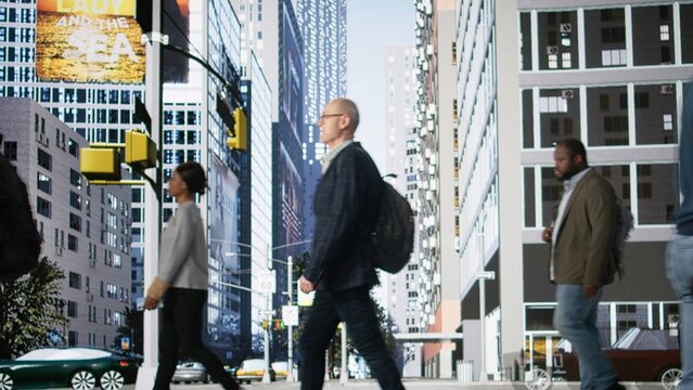 Diverse pedestrians crowd crossing street during morning commute showing a mix of adults, business people and active urban population navigating the routine of city life. Camera A.