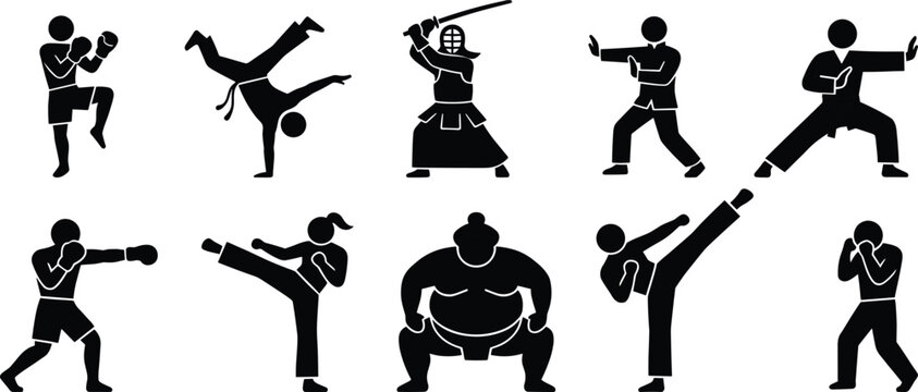 Martial arts silhouette set featuring karate boxing judo sumo and kendo fighters dynamic combat poses for sports training design