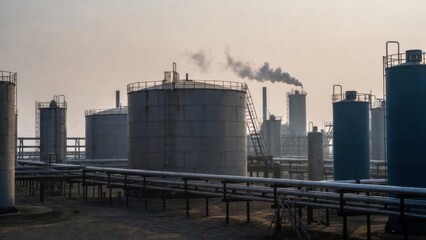 Obraz premium Industrial tanks with smoke plume at refinery site early morning