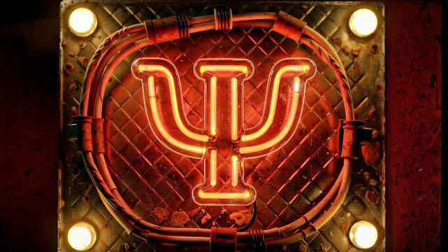 A psychology symbol (Psi) made of neon lights up with an orange glow on an industrial metal background, illustrating concepts of mental health and scientific study.