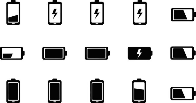 Set of black battery icons with different charge levels on transparent background eps.