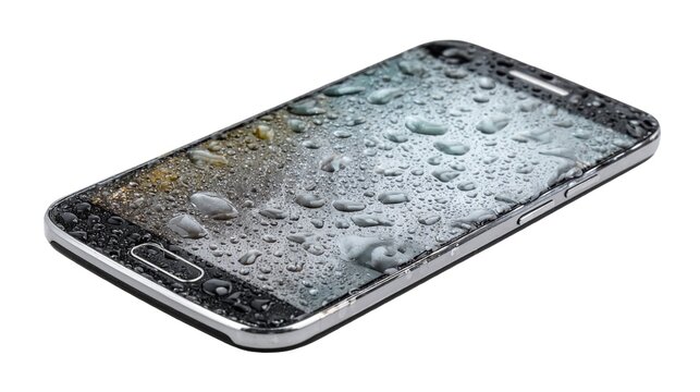 Smartphone covered in water droplets on a white background with screen protector