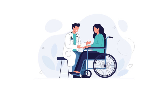 Doctor Consults with Woman in Wheelchair, Medical Care Concept