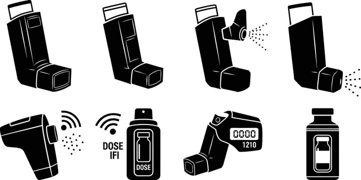 Set of asthma inhaler and thermometer icons, medical vector illustrations, eps file.