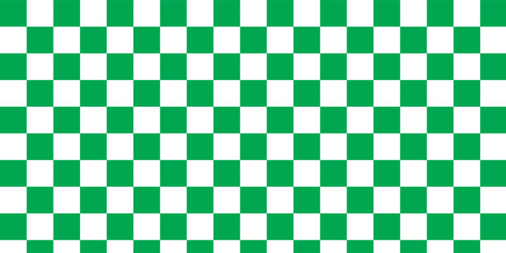 Chess board squares background. Green and white checkered colors. Repeating texture, illustration, repeating checkered background. Checkerboard, chessboard, seamless pattern.