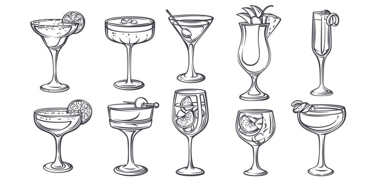 Cocktail set with margarita, martini, pina colada, French 75, daiquiri and gin tonic in monochrome outline. Bar menu and drink card layout with cocktail set, vector illustration
