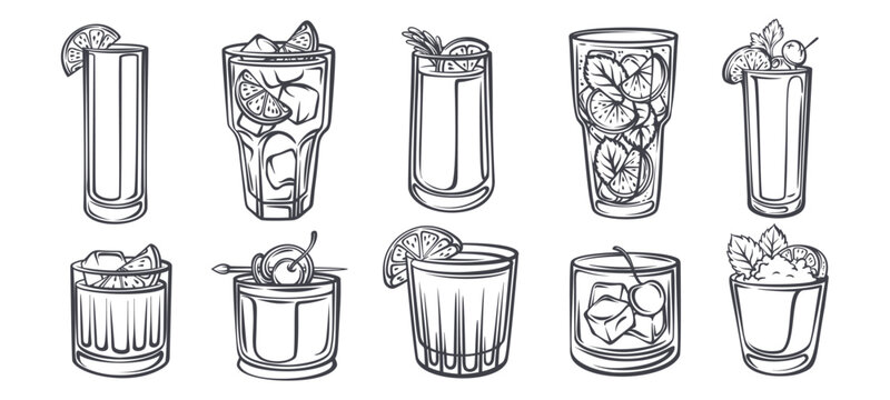 Cocktail set with screwdriver, mojito, gin tonic, whiskey cocktail, negroni, long island iced tea and aperitif drinks. Monochrome outline drink card layout with cocktail set, vector illustration