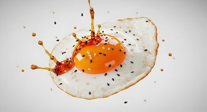 Telur goreng mata sapi dengan siraman kecap melayang dan taburan biji wijen di atas latar belakang putih bersih cerah