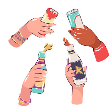 Cocktail bottles set with cans, champagne bottles, popping corks, manicured hands, bracelets and star label. Party toast scene with cocktail bottles set, cartoon vector illustration.
