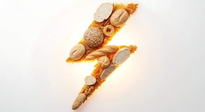 Artistic arrangement of bread and pasta in lightning bolt shape