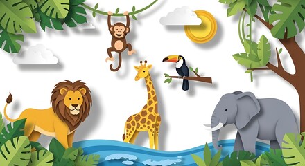 Naklejka premium Cartoon animals in jungle scene