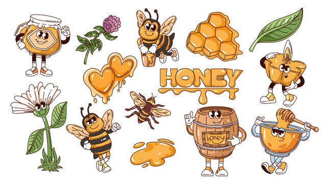 Honey cartoon character set with bees, honey jar, barrel, honeycomb, dripping hearts, flower, leaf, dipper, splash, cute mascots in groovy outline cartoon vector illustration