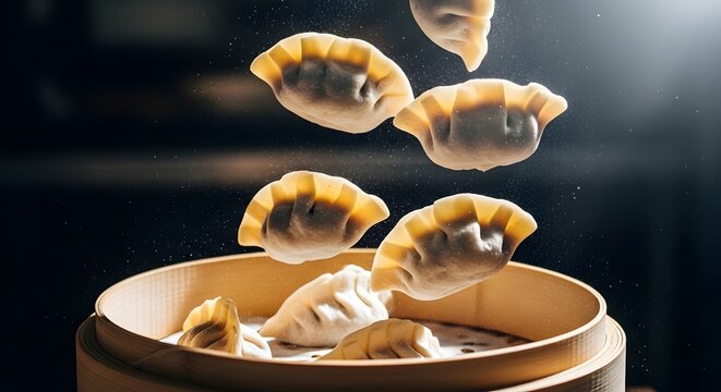 Pangsit gyoza jatuh melayang di udara menuju kukusan bambu tradisional, konsep fotografi makanan yang dinamis dan sinematik.