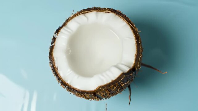 Aerial view of a halved coconut sitting in clear, blue water with ripple effects