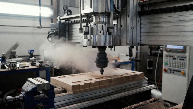 Cnc router carving wood panel in machine workshop