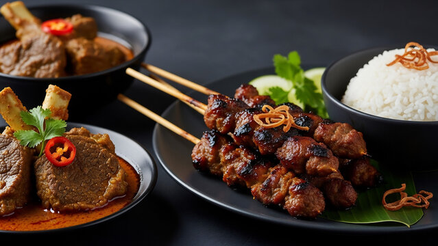 Indonesian beef rendang and satay skewers with steamed rice on dark background