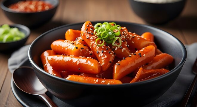 Tteokbokki kue beras Korea dengan saus merah pedas manis, disajikan dalam mangkuk hitam elegan dengan taburan biji wijen dan daun bawang segar.