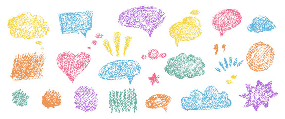 Naklejka premium Speech bubble set with crayon texture, cloud, heart, round and star chat shapes, quotes and comic marks. Kids dialog design with colorful speech bubbles, vector illustration.