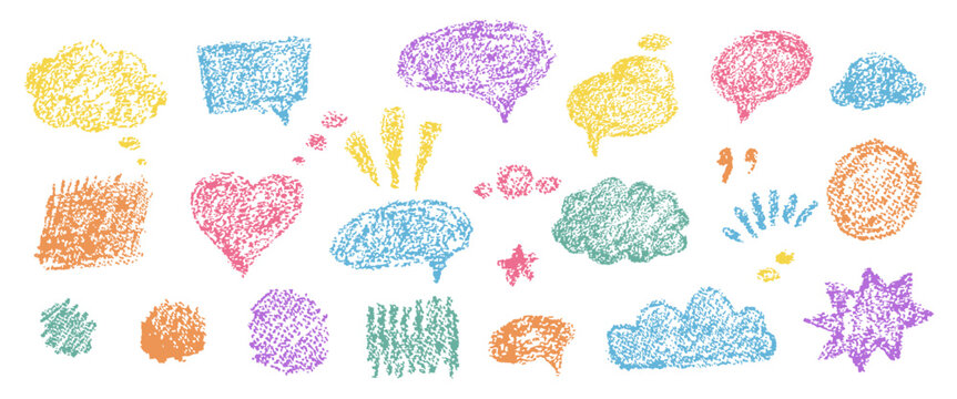 Speech bubble set with crayon texture, cloud, heart, round and star chat shapes, quotes and comic marks. Kids dialog design with colorful speech bubbles, vector illustration.
